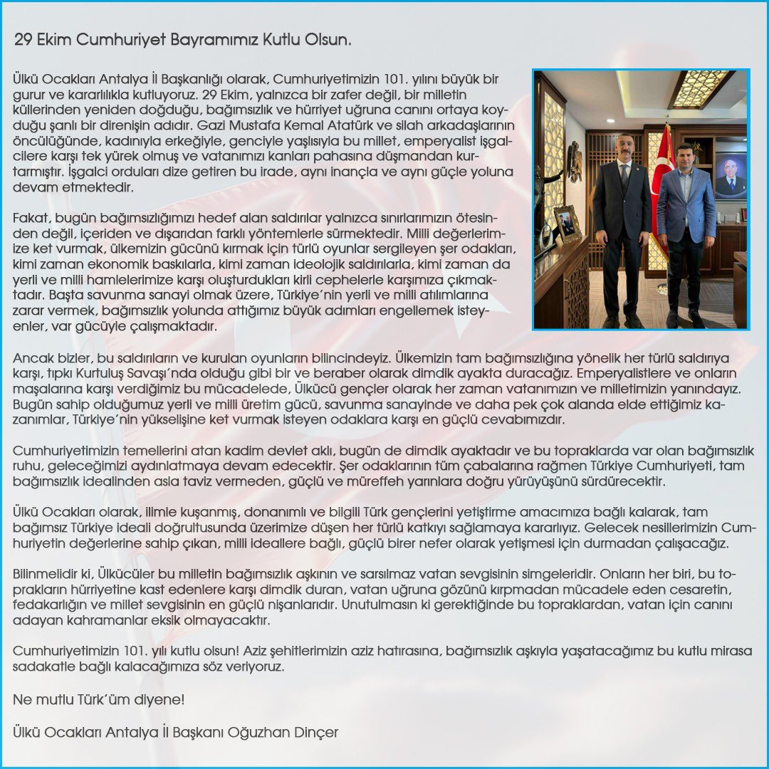 Cumhuriyetimizin kurucusu Gazi Mustafa Kemal Atatürk ve silah arkadaşları başta olmak üzere, vatan uğruna canını feda eden tüm kahramanlarımızı rahmet ve minnetle anıyorum. 

#29EkimCumhuriyetBayramı ’mız kutlu olsun.🇹🇷