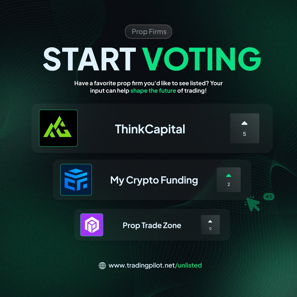 Trading Pilot (@thetradingpilot) on Twitter photo Do you have a favourite trading service provider that you would like to see listed on our homepage?
Vote now and help shape the future of trading!
The link to vote is in the comments...
<a href="/thinkcapitalcom/">ThinkCapital</a> <a href="/MyCryptoFunding/">My Crypto Funding</a> @proptradezone Do you have a favourite trading service provider that you would like to see listed on our homepage?
Vote now and help shape the future of trading!
The link to vote is in the comments...
<a href="/thinkcapitalcom/">ThinkCapital</a> <a href="/MyCryptoFunding/">My Crypto Funding</a> @proptradezone