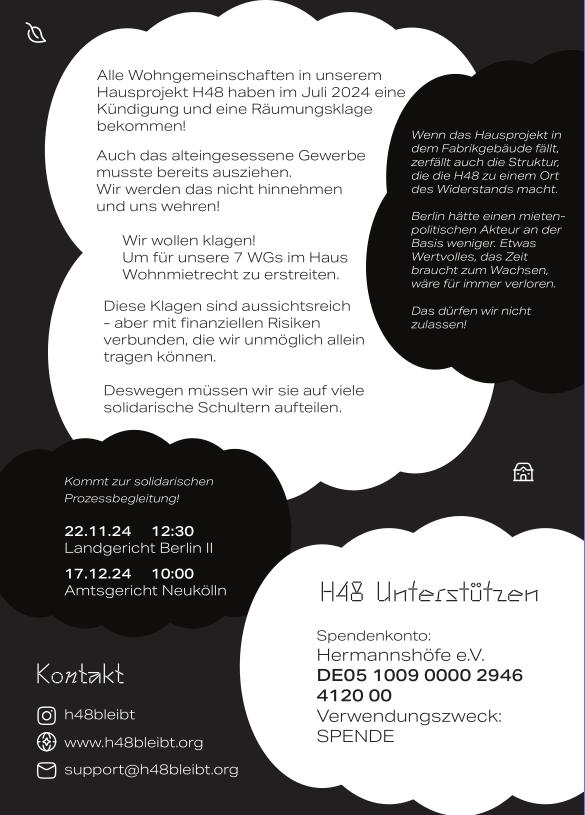 Auch im Fabrikgebäude der Hermannstr. 48 #Neukölln gibt es immer mehr Leerstand. Vereine und WGs mussten schon gehen, die übrigen haben Räumungklagen, siehe  h48bleibt.org 
Deswegen: Kundgebung am Do, 31.10. ab 17 Uhr vor Ort   #B3110 #h48bleibt