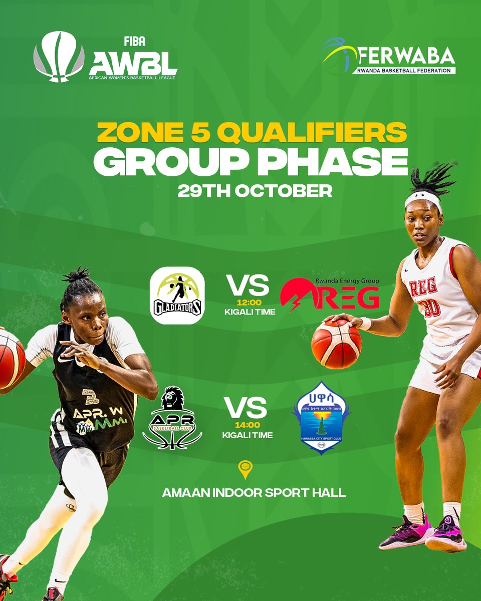ferwabaRW's tweet photo. Don’t miss the action today! 🇷🇼 @regwomenbbc  take on Burundi’s Gladiators 🇧🇮 in a thrilling showdown, while 🇷🇼 @AprWomenbbc  battles it out with Hawassa City Basketball Club! 🏀🔥

Watch the games live👇🏾:
Gladiators vs REG W: https://t.co/TxvwEgO723
APR W vs Hawassa City: https://t.co/m9gArz0m7O

#WinforREG #WinforAPR #WBLA