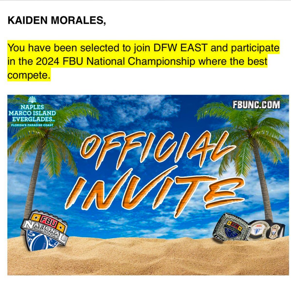 Kaiden_Morales's tweet photo. OFFICIAL INVITE! Excited to be chosen to be part of @fbu_dweast team. Grateful for the opportunity to continue to challenge myself and grow as a player.

#StayReady #LetsGetAfterlt #workNEVERstops #Grateful #FootballUniversity #DFWEAST
#TrustTheProcess #JFND @rockwalljfndfb @RISDAthletics @ROCOgameday