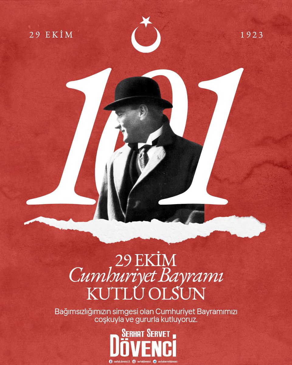 serhatdovenci's tweet photo. Cumhuriyet özgürlüktür, 29 Ekim 1923 yılında, Atamızın çizdiği çağdaş uygarlık yolunda, Cumhuriyetimizin kuruluşunun 101. yılı kutlu olsun.

#29EkimCumhiyetBayramı https://t.co/4QCSlVZfSg