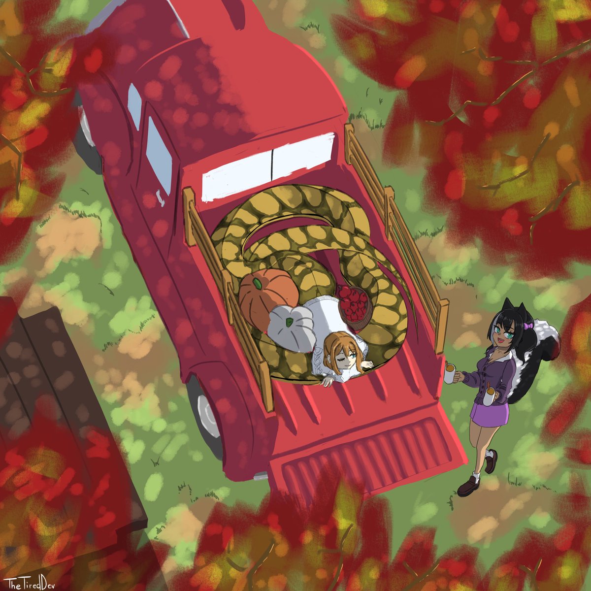 TheTiredDev's tweet photo. An autumn piece for a friend with his OCs enjoying the season. https://t.co/WS3kpJOAWM