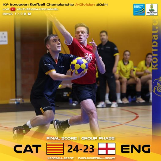 Importantíssim triomf de #Catalunya front un rival directe con és Anglaterra per 24-23, en el seu 1r partit al Campionat d'Europa de #Korfbal 2024 que s'està disputant a Calonge i Sant Antoni. 

Un partidaç amb moltíssimes cistelles i un final d'infart!📰korfbal.cat/ekc2024