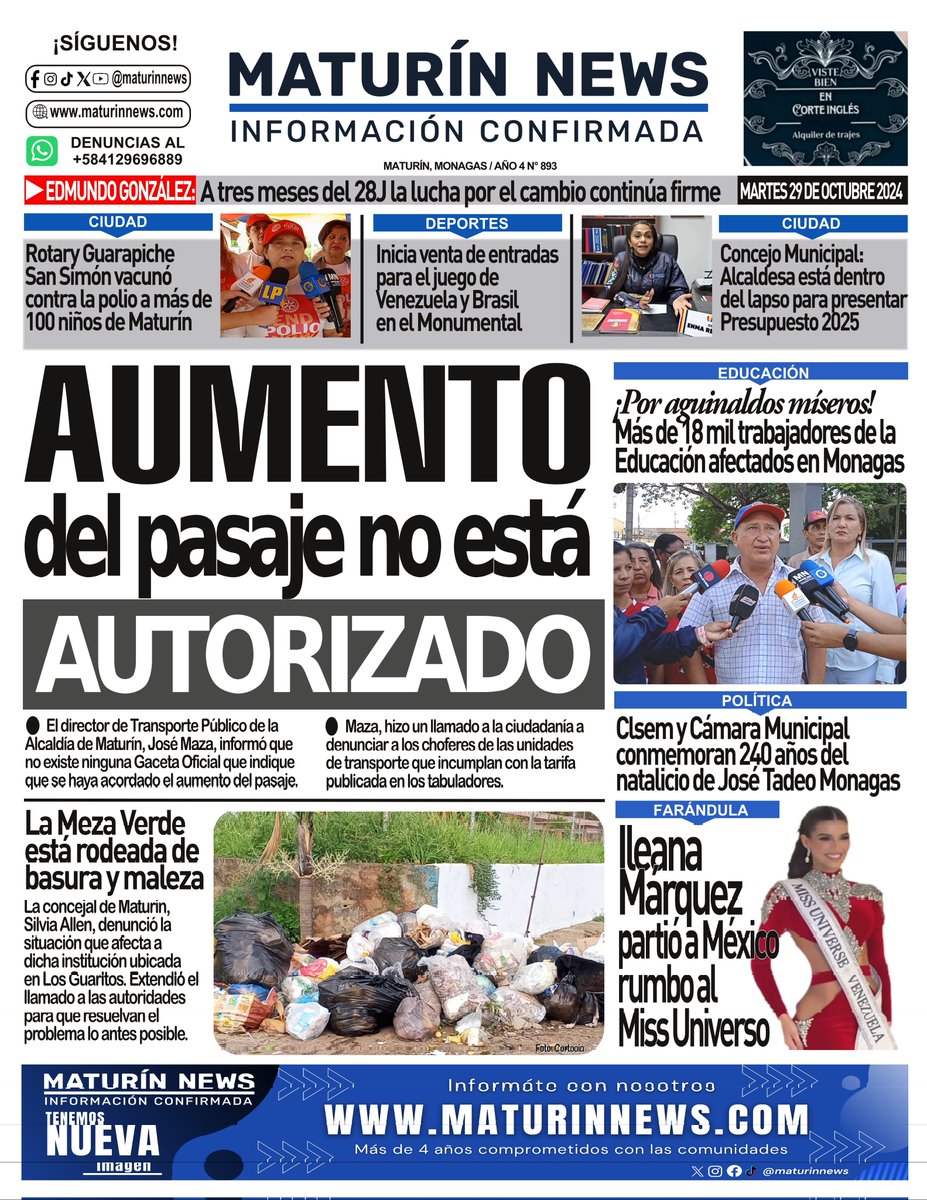 maturinnews's tweet photo. ¡Buenos días! ☀️ Nuestra portada MARTES 29-10-2024. 
.
#Maturin #Monagas #29Oct https://t.co/41e4uYDGec