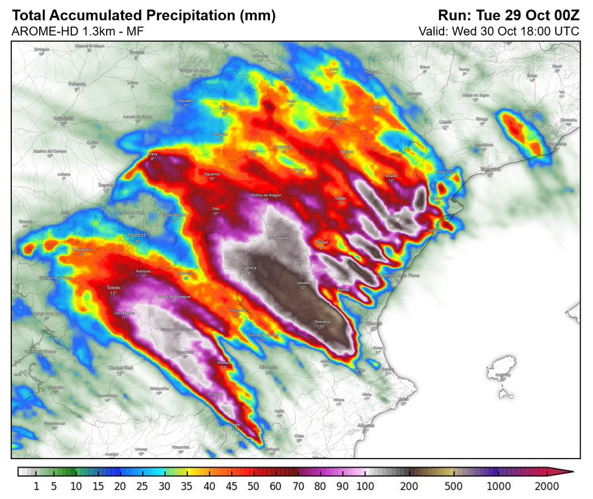 All eyes are on eastern Spain over the next few hours, as a cut-off upper-level low is expected to produce yet another significant rain event. Massive totals of over 400 mm are possible across parts of Valencia province by tomorrow afternoon, with orographic enhancement likely