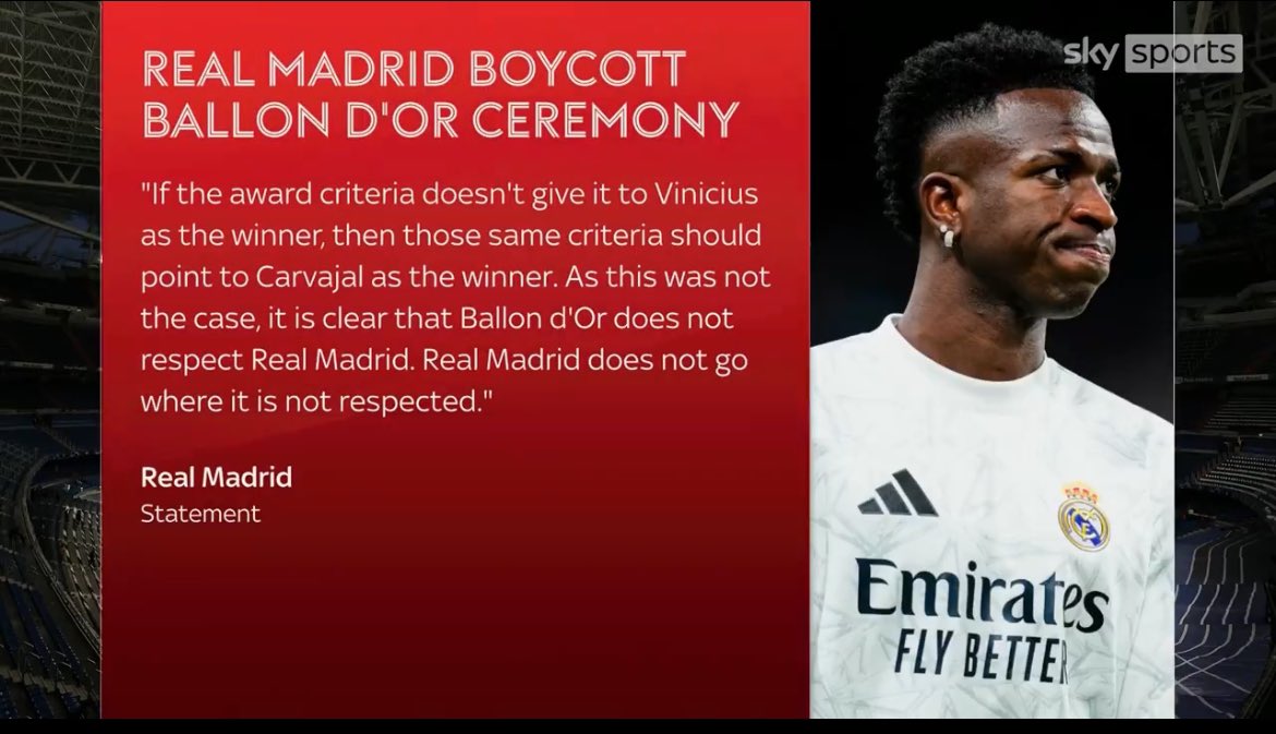 This statement from <a href="/realmadrid/">Real Madrid C.F.</a> just shows how messed up football is and how entitled some of these clubs are. The sheer lack of respect and sportsmanship from the so called no.1 club in the world is disgusting. Grow up you clowns 🤡 #HalaRodri 🏆 #BallonDor