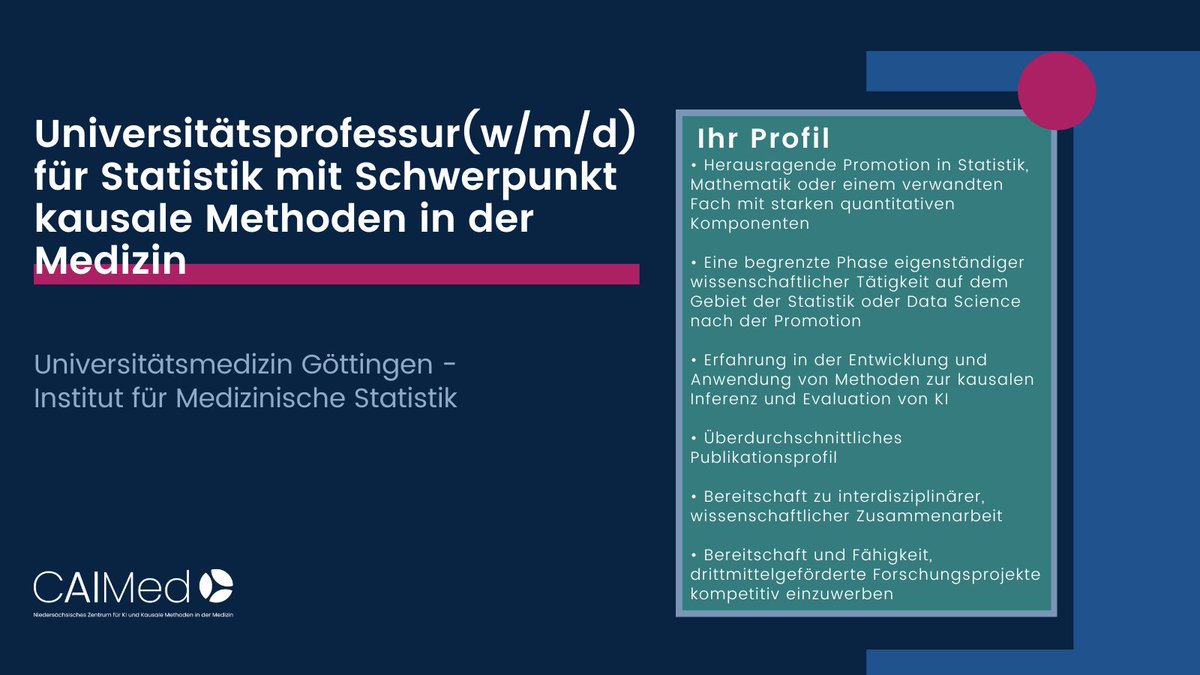 CAIMed_de's tweet photo. 💼𝗨𝗻𝗶𝘃𝗲𝗿𝘀𝗶𝘁ä𝘁𝘀𝗽𝗿𝗼𝗳𝗲𝘀𝘀𝘂𝗿 (𝘄/𝗺/𝗱) 𝗳ü𝗿 𝗦𝘁𝗮𝘁𝗶𝘀𝘁𝗶𝗸 𝗺𝗶𝘁 𝗦𝗰𝗵𝘄𝗲𝗿𝗽𝘂𝗻𝗸𝘁 𝗸𝗮𝘂𝘀𝗮𝗹𝗲 𝗠𝗲𝘁𝗵𝗼𝗱𝗲𝗻 𝗶𝗻 𝗱𝗲𝗿 𝗠𝗲𝗱𝗶𝘇𝗶𝗻 𝗮𝗺 𝗖𝗔𝗜𝗠𝗲𝗱

Weitere Informationen zur Stellenausschreibung und Bewerbung: https://t.co/1vxRFx1Qo6 https://t.co/FxBaVeOXLS