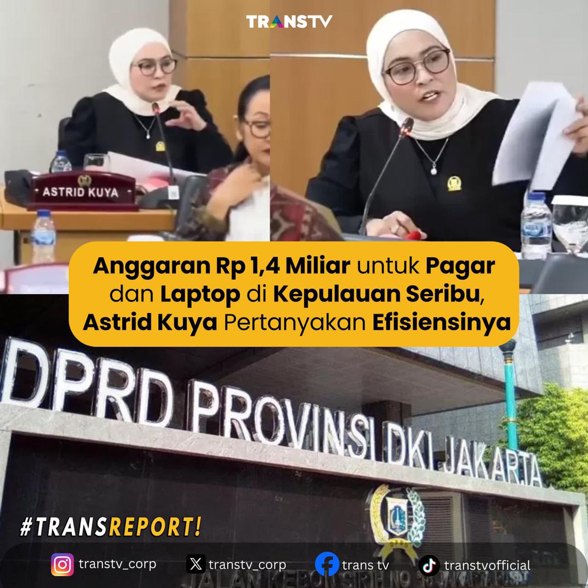 TRANSTV_CORP's tweet photo. Anggaran Rp 1,4 Miliar buat pagar dan laptop di Kepulauan Seribu, beneran perlu segitu banyak?🤔 Astrid Kuya dari DPRD DKI soroti anggaran ini di rapat bareng Dinas Pendidikan. #TransReport #TransTV https://t.co/AUmvg1yB1o