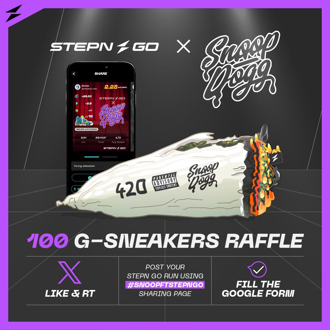 STEPN GO (@stepnofficial) on Twitter photo 🎤 <a href="/SnoopDogg/">Snoop Dogg</a> feat STEPN GO continues - Day 2 is LIVE!
100 more chances to win a claim voucher and get a #SnoopFtSTEPNGO Genesis Sneaker! 🎉👟
You want to enter?
1️⃣ RT + Follow <a href="/Stepnofficial/">STEPN GO</a> and <a href="/SnoopDogg/">Snoop Dogg</a>
2️⃣ Post your STEPN GO run using the #SnoopFtSTEPNGO sharing page 🎤 <a href="/SnoopDogg/">Snoop Dogg</a> feat STEPN GO continues - Day 2 is LIVE!
100 more chances to win a claim voucher and get a #SnoopFtSTEPNGO Genesis Sneaker! 🎉👟
You want to enter?
1️⃣ RT + Follow <a href="/Stepnofficial/">STEPN GO</a> and <a href="/SnoopDogg/">Snoop Dogg</a>
2️⃣ Post your STEPN GO run using the #SnoopFtSTEPNGO sharing page