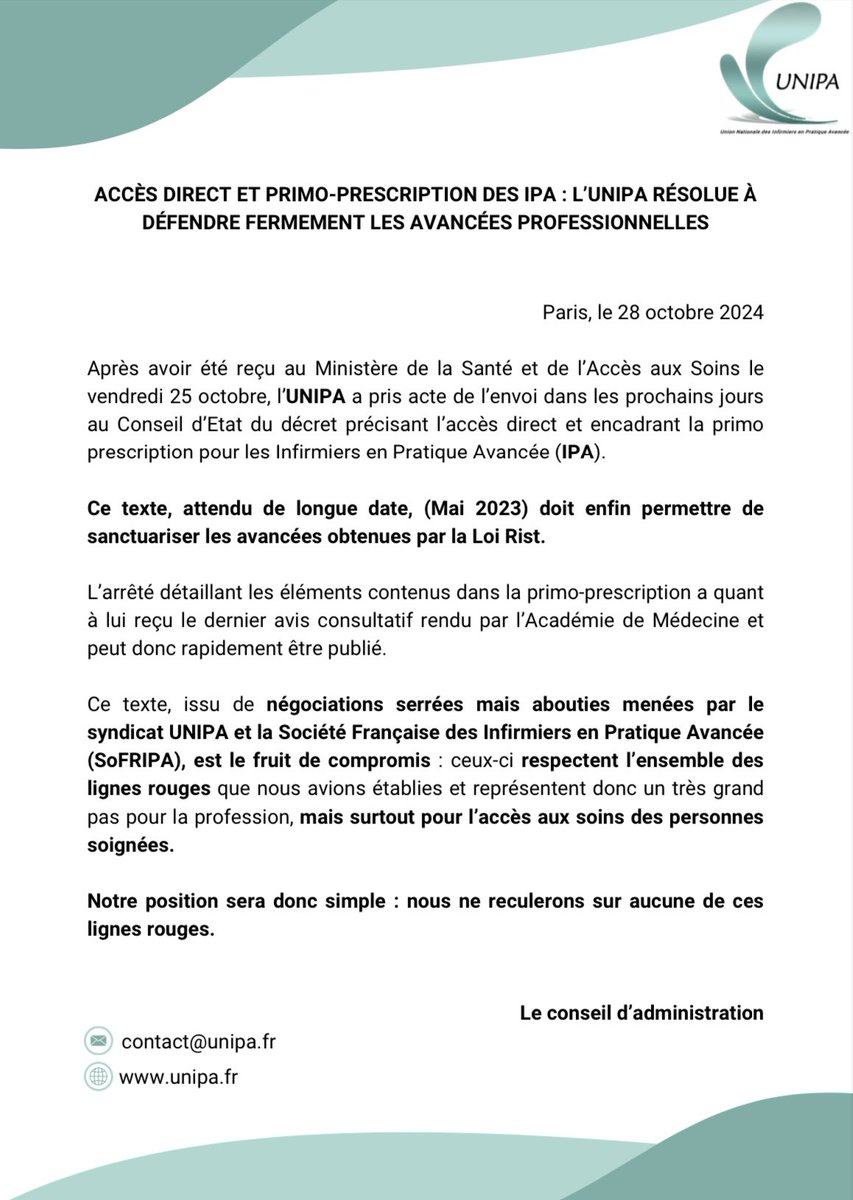 📣Communiqué de presse du <a href="/Syndicat_UNIPA/">Syndicat UNIPA</a> à la suite du rendez-vous au Ministère <a href="/Sante_Gouv/">Ministère de la Santé</a> dans le cadre des travaux devant conduire à la parution des textes relatifs à la Loi portant amélioration de l’accès aux soins par la confiance aux professionnels, communément appelée «