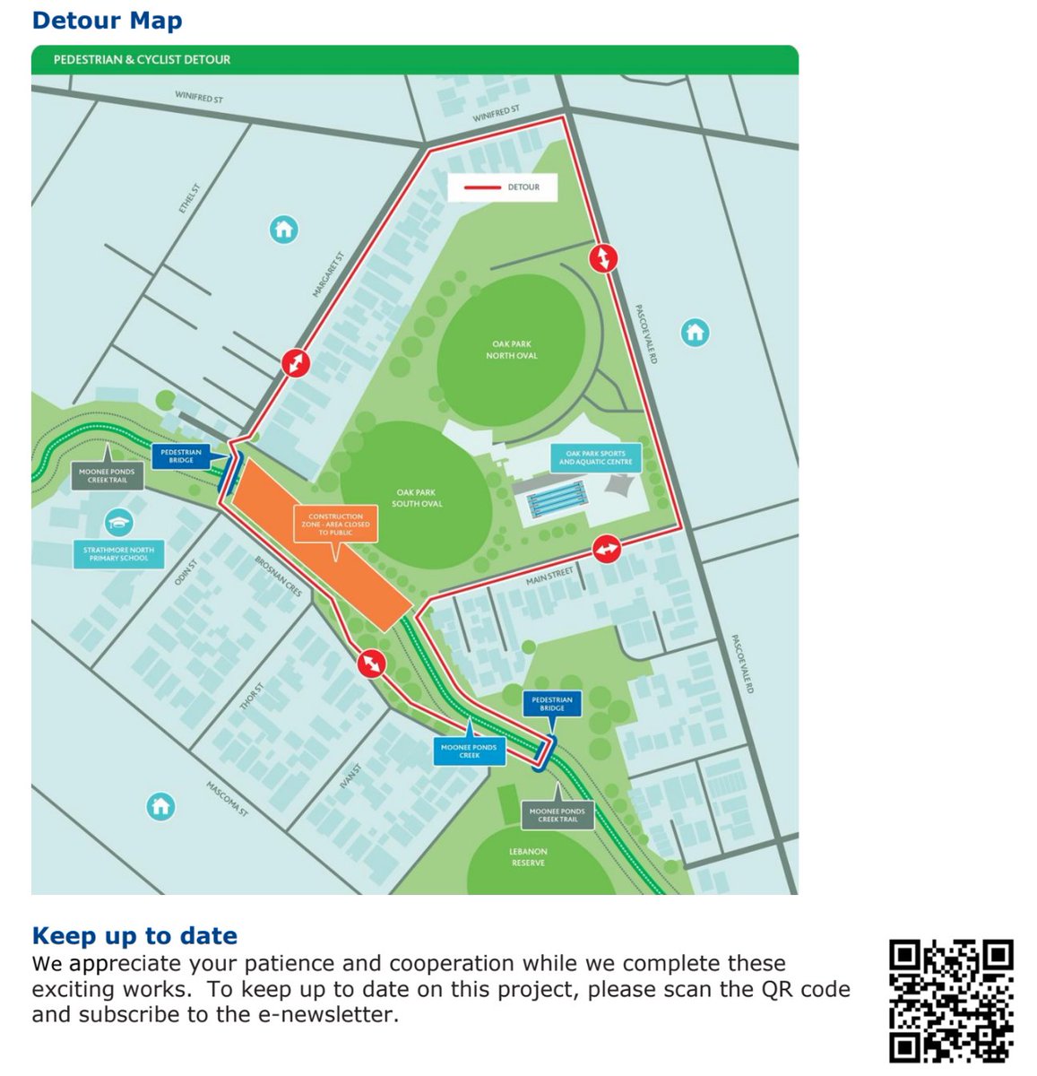 Melbourne Water have advised that the shared user path on the northern side of the Moonee Ponds creek between Margaret &amp; Main Streets will be closed from 30 October until mid to late December 2024. Path detours will be in place via Margaret Street and Main Street.