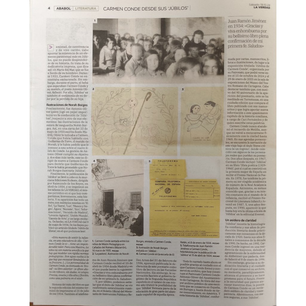 🖼️ La exposición "Júbilos de Carmen Conde" estará en el Museo Romano de Cartagena hasta el 29 de enero de 2025.

📖 La reedición del libro "Júbilos. Poemas de niños, rosas, animales, maquinas y vientos", en <a href="/torremozas/">Ediciones Torremozas</a>, ya se encuentra en librerías.