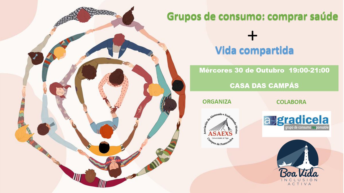 📣 Únete ao noso próximo evento! 🌱🤝

🗓️ Mércores 30 de Outubro
🕖 Hora: 19:00 - 21:00
📍 Lugar: CASA DAS CAMPÁS
Se che interesa o consumo responsable e a saúde, non perdas esta oportunidade de aprender e compartir en comunidade! 💚👥