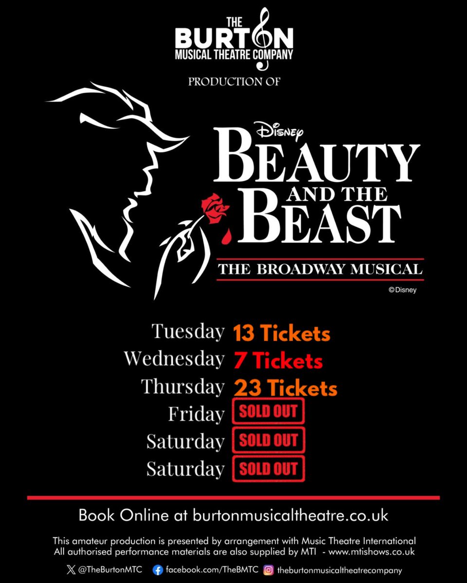 TheBurtonMTC's tweet photo. After a fantastic dress rehearsal, Beauty and the Beast opens tonight! Limited tickets remain for tonight, Wednesday, and Thursday. Friday and both Saturday shows are sold out. Don’t miss out—grab your tickets now: https://t.co/zwPW6otYIO. Photos coming soon! https://t.co/1yXOWTDCiW
