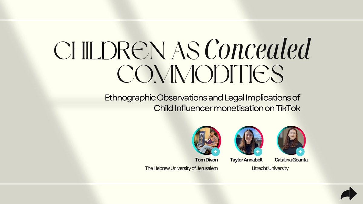 Taylor Annabell (@taylorannabell) on Twitter photo On Saturday (9am) in a panel co-organised with <a href="/TomDivon/">Tom Divon | توم ديفون | תום דיבון</a> 'Place of the child on platforms', we discuss our research with <a href="/CatalinaGoanta/">Catalina Goanta</a> on kidfluencers that brings monetisation practices into dialogue with TikTok’s policies and DSA concepts of illegal content + systematic risks On Saturday (9am) in a panel co-organised with <a href="/TomDivon/">Tom Divon | توم ديفون | תום דיבון</a> 'Place of the child on platforms', we discuss our research with <a href="/CatalinaGoanta/">Catalina Goanta</a> on kidfluencers that brings monetisation practices into dialogue with TikTok’s policies and DSA concepts of illegal content + systematic risks