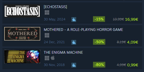 ENIGMA_STUDIO_'s tweet photo. 🚨HORROR TRILOGY SALE🚨
Not yet tried my games? Have a friend who'd love em?  
You can find THE ENIGMA TRILOGY on sale during the Steam Scream Fest!
[ECHOSTASIS] - 15% off! 
MOTHERED - HALF-PRICE?! 
THE ENIGMA MACHINE - a mere QUID!? 
Or get the ENTIRE TRILOGY for less than €20! https://t.co/0TT4R2033E