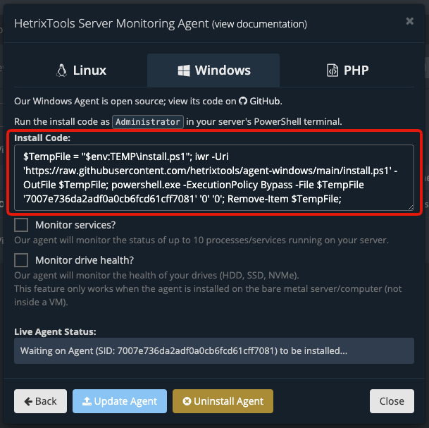 We're thrilled to announce the release of our Windows Server Monitoring Agent v2, which includes the following improvements over v1:
- rewritten in PowerShell
- monitor running processes/services
- monitor drive health

Read on how to install it here: 
 docs.hetrixtools.com/installing-the…