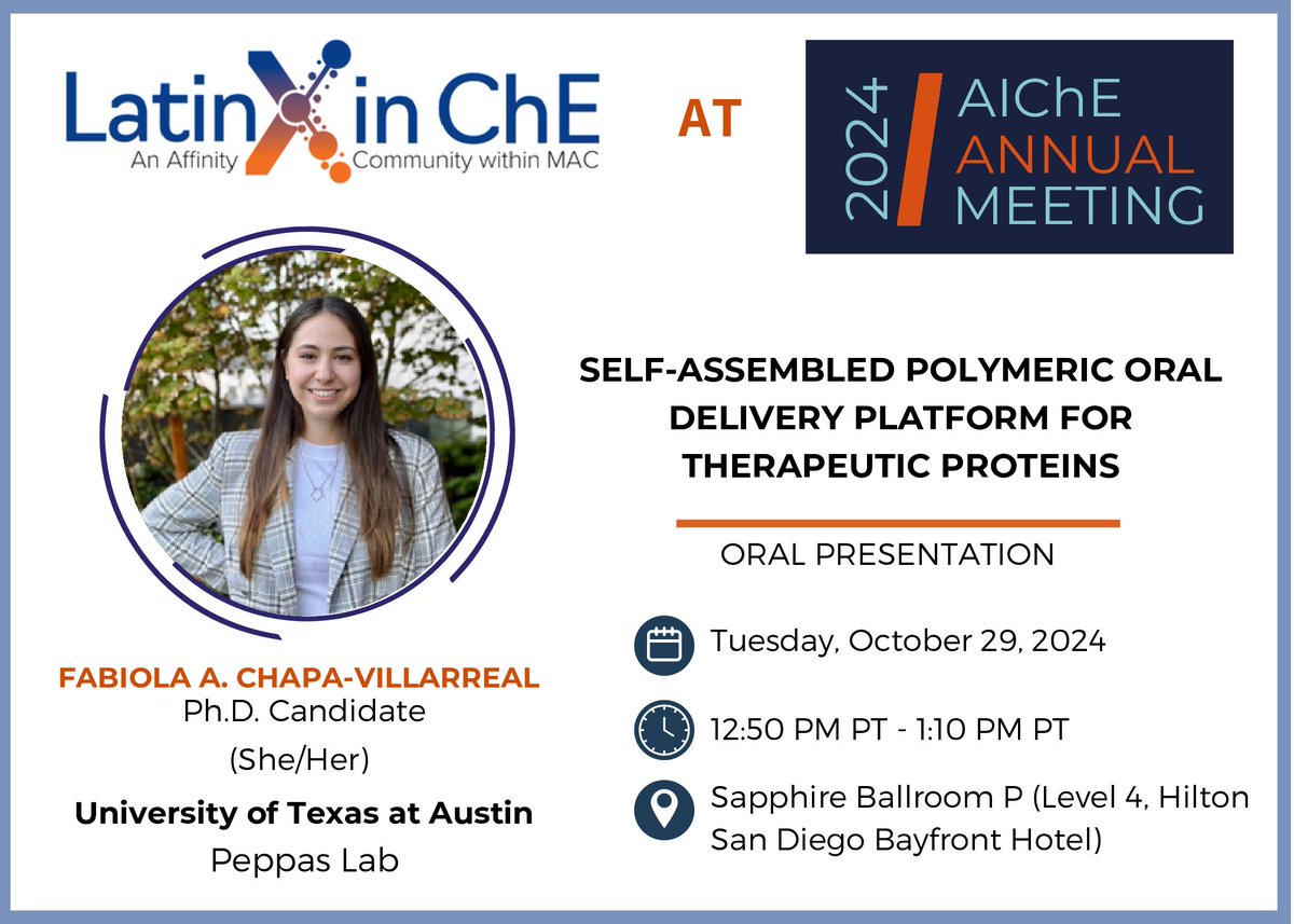 <a href="/fabiolachapav/">Fabiola Chapa Villarreal</a> from <a href="/UTAustin/">UT Austin</a> @ 12:50pm presenting on “Self-Assembled Polymeric Oral Delivery Platform for Therapeutic Proteins.” (3/6)