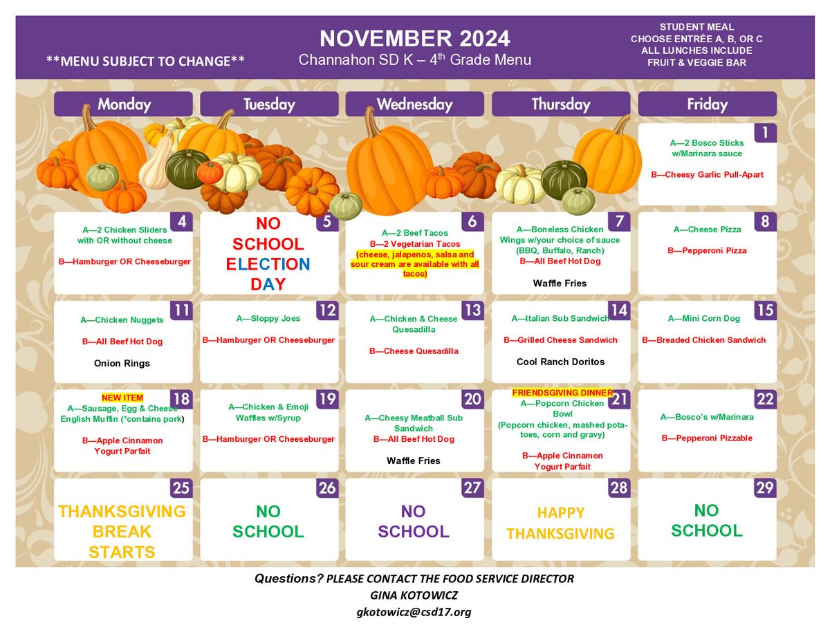November lunch menu