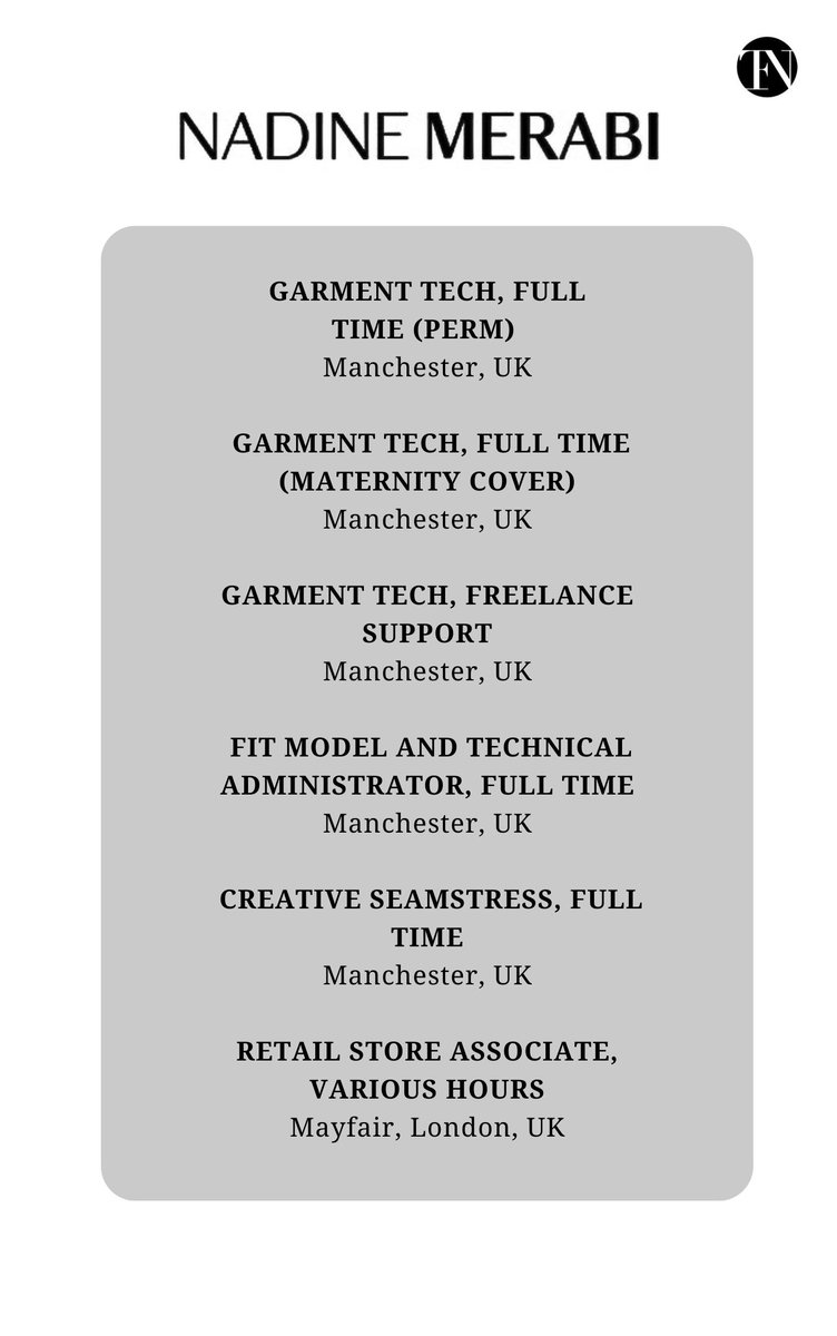 TFN JOBS: NADINE MERABI Vacancies ✨ 

Some amazing job opportunities available at luxury womenswear brand <a href="/NadineMerabi/">NADINE MERABI</a>  

Apply and view our full weekly jobs list here: thefashionnetwork.co.uk/posts/70511560…

#FashionJobOpportunities #fashionjobs #careers #creativejobs #ukfashionjobs