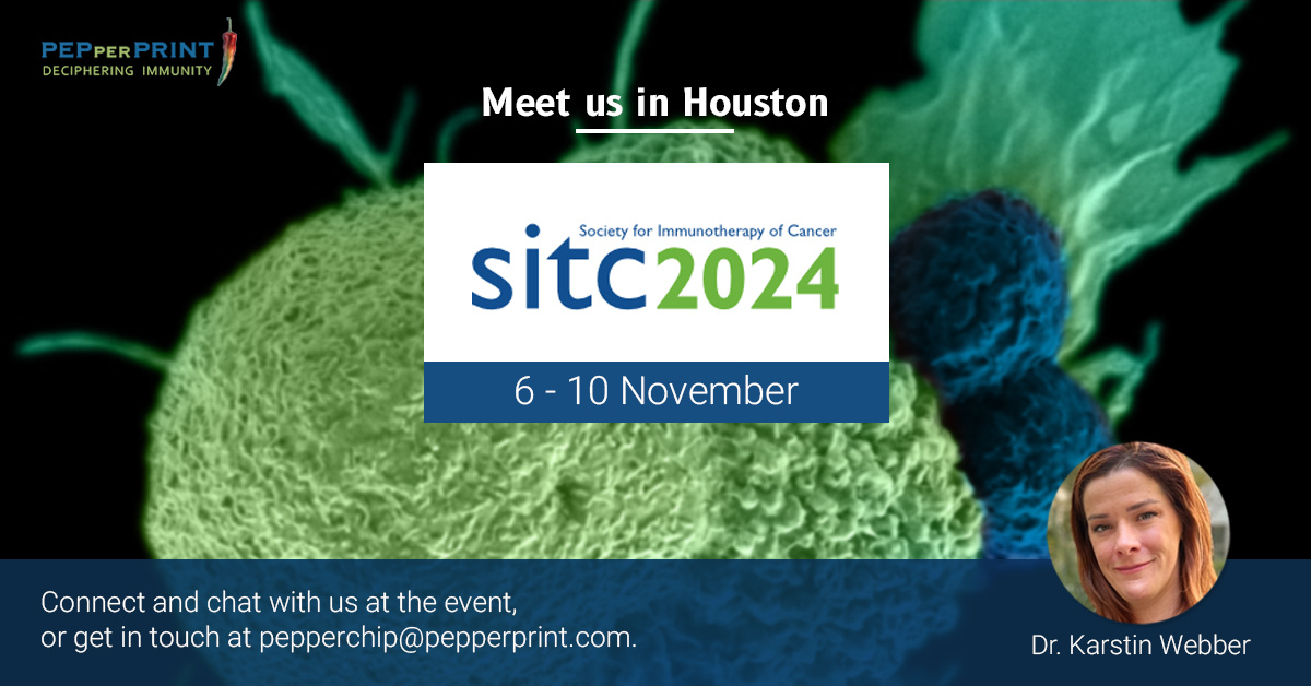 We'll be at the SITC 2024 in Houston! Catch up with Karstin Webber from Nov 6-10 to learn how our PEPperCHIP® Peptide Microarrays and T-cell services can accelerate your cancer research. Let’s connect!

#SITC2024 #CancerResearch #Immunotherapy #PEPperPRINT