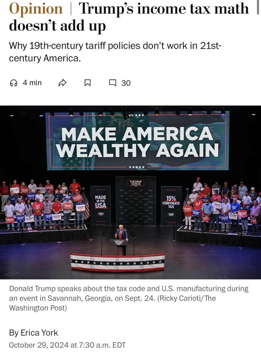 Erica York (@ericadyork) on Twitter photo Trump’s plan to replace the income tax with tariffs is, simply put, a mathematical impossibility.
My new piece <a href="/washingtonpost/">The Washington Post</a> explains the challenges (including unwelcome consequences) with Trump’s proposed swap. washingtonpost.com/opinions/2024/… Trump’s plan to replace the income tax with tariffs is, simply put, a mathematical impossibility.
My new piece <a href="/washingtonpost/">The Washington Post</a> explains the challenges (including unwelcome consequences) with Trump’s proposed swap. washingtonpost.com/opinions/2024/…