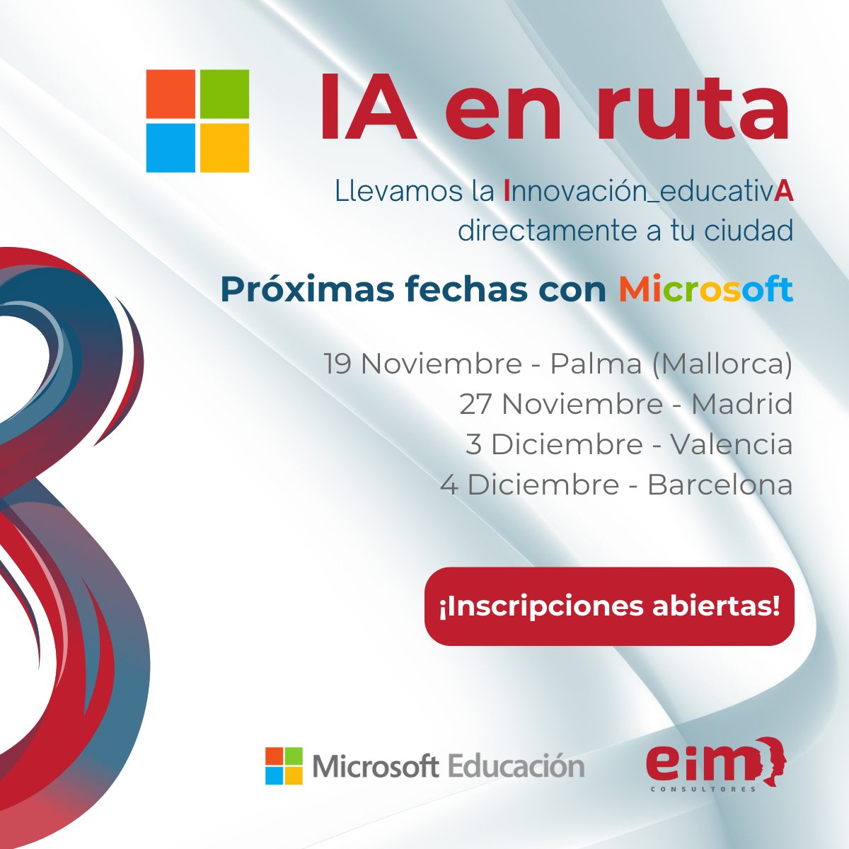 ¡#IAenRuta llega a tu ciudad! 🧠🚀 
✅ Sesiones gratuitas para docentes y directivos.
✅ 12 ciudades + eventos online.
Inscríbete ya: eimconsultores.com/ia-en-ruta/

#TransformaciónDigital #BetterTogether #InnovaciónEducativa #IAResponsable
