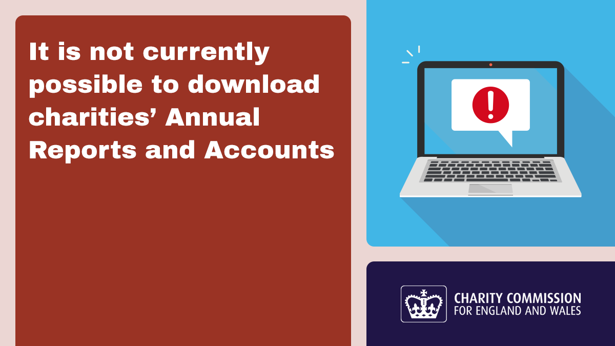ChtyCommission's tweet photo. It is not currently possible to download charities’ Annual Reports and Accounts from our Public Register.
 
Our team is working at pace to address the issue and make the service available again. We apologise for any inconvenience in the meantime. https://t.co/JQQcgZemgj