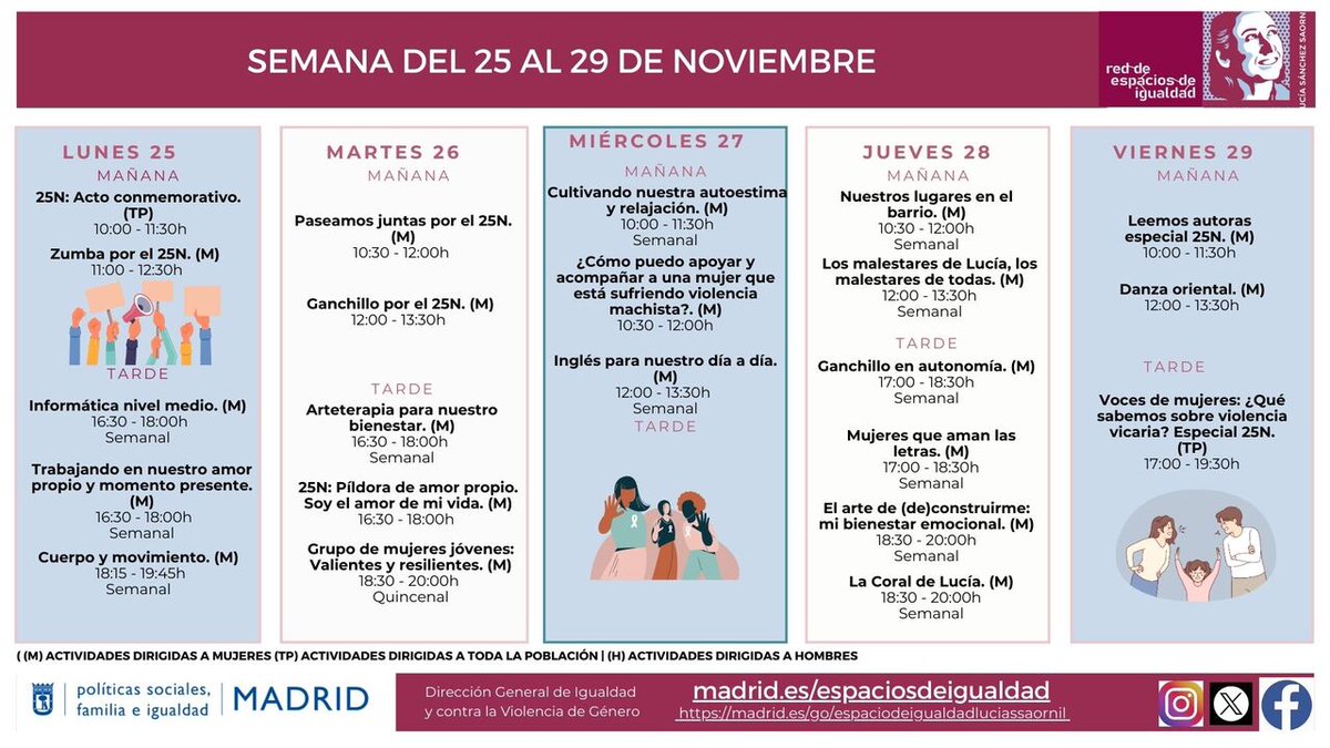 💜 Ya está aquí la programación del <a href="/ESaornil/">Espacio de Igualdad Lucía Sánchez Saornil</a>  para noviembre 🍁🌦🍂

✨#memoria🧠 #arteterapia 🎨 #teatro🎭  #escritura✍️

#DiaInternacionalDeLaEliminacionDeLaViolenciaHaciaLasMujeres #25N

❗ Para asistir es necesaria inscripción previa

👉🏽 informate.madrid.es/so3t2