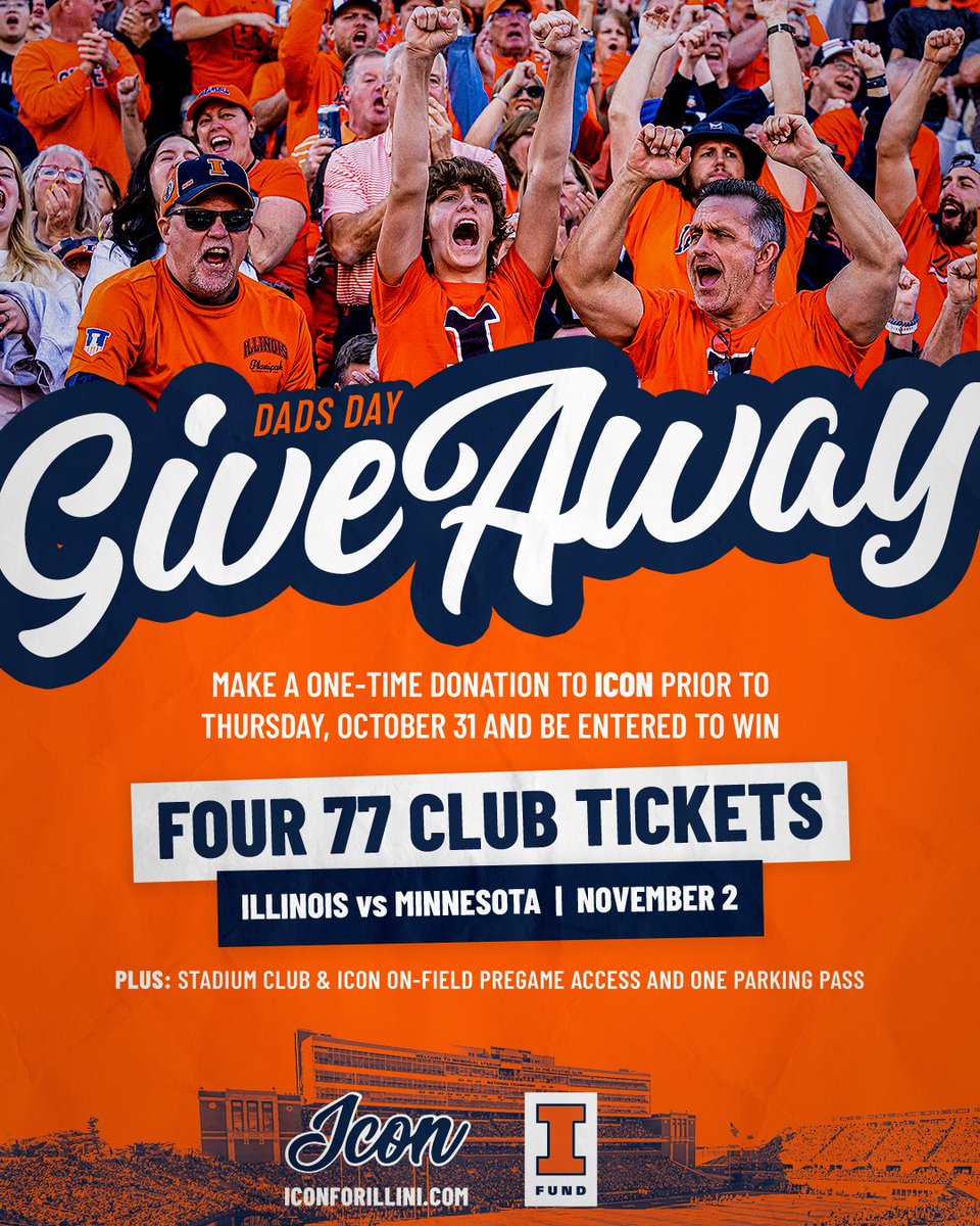 IlliniAthletics's tweet photo. The @ICONforIllini sweepstakes in back!

Make an one-time gift to ICON and get entered to win four 77 Club tickets, a parking pass, entry into Stadium Club and pregame on-field access!

Enter now: https://t.co/iPHSM5p4nQ

#Illini | #HTTO | #BecomeAnICON https://t.co/6aaU2LK657
