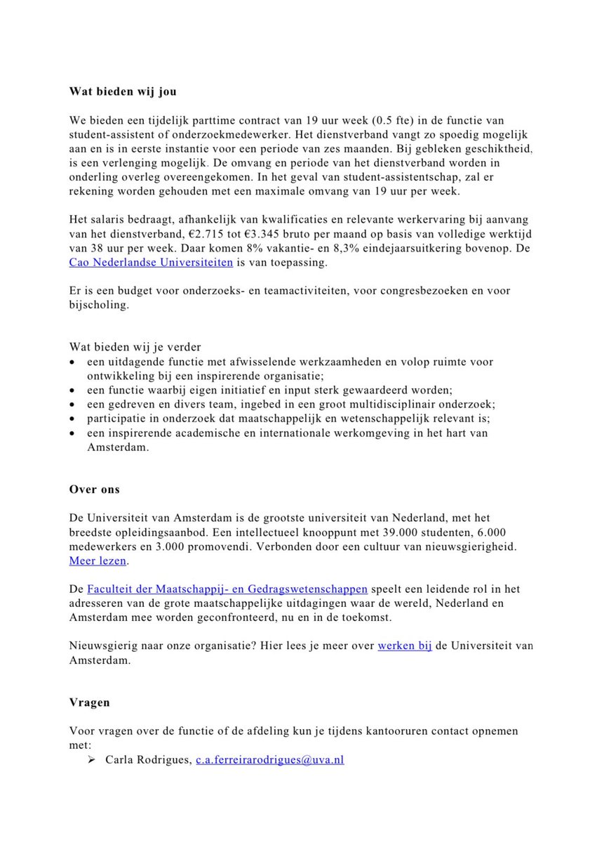 carla_f_rod's tweet photo. Job opportunity! 📢

We are looking for a student assistant/junior researcher to join our team in a longitudinal qualitative study on health-related practices of families with young children in Amsterdam.

Deadline: 15 Nov.

@UvA_Amsterdam @UvA_AISSR @FMG_UvA https://t.co/iQJsla2opS