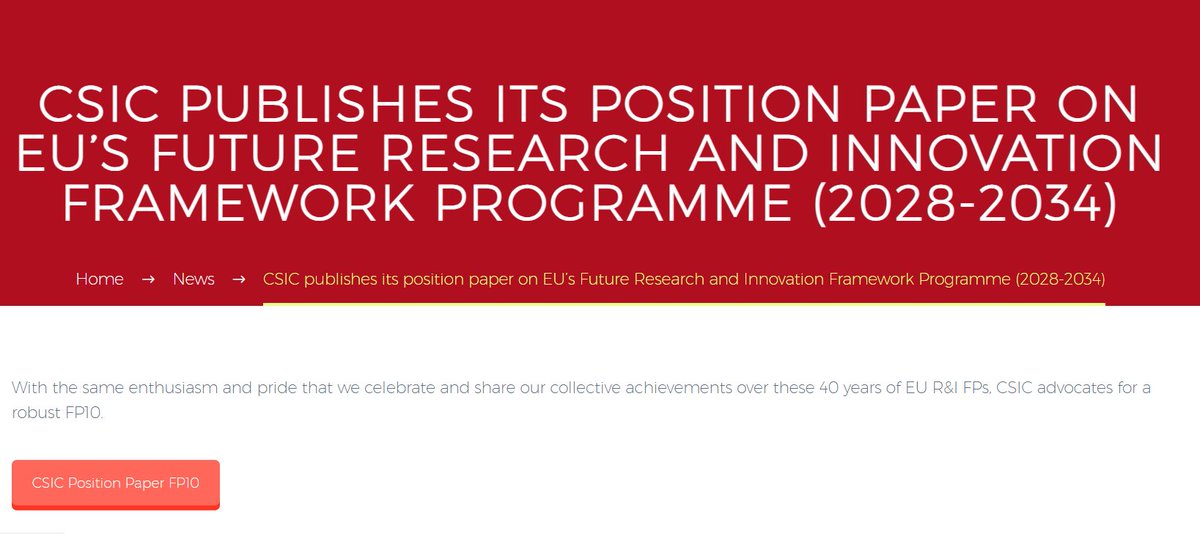 📢 <a href="/CSIC/">CSIC</a> position paper on #FP10 is out! 📄"With the same enthusiasm and pride that we celebrate and share our collective achievements over these 40 years of EU R&amp;I FPs, CSIC advocates for a robust FP10"
👉 d-bruselas.csic.es/news/csic-publ…