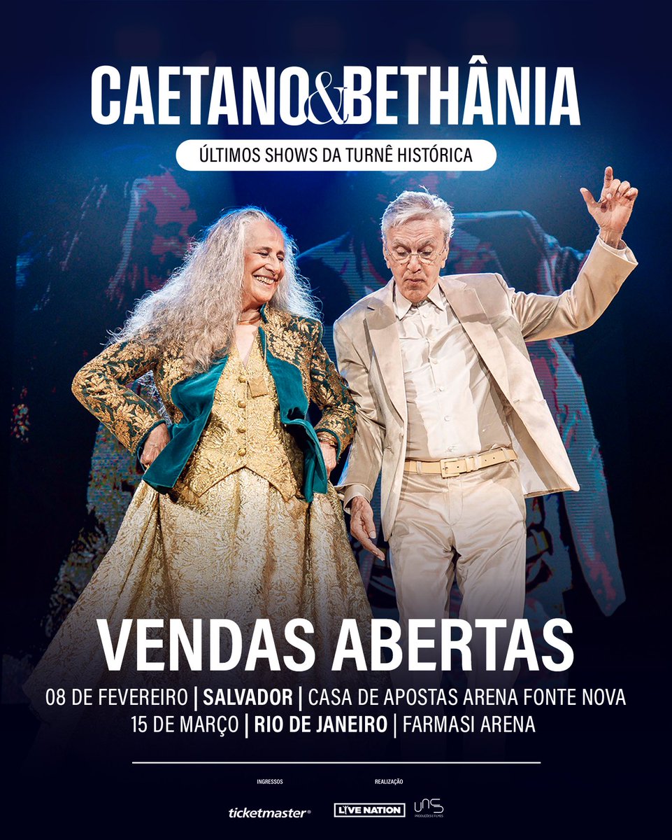 📣 Alô, Salvador e Rio de Janeiro! VENDAS ABERTAS!!! Esta é a última chance de garantir seu ingresso para ver a histórica turnê #CaetanoEBethânia. 😍❤️

🗓️ 08/02 - Salvador | Casa de Apostas Arena Fonte Nova.
🗓️ 15/03 - Rio de Janeiro | Farmasi Arena.

Garanta agora seu ingresso: