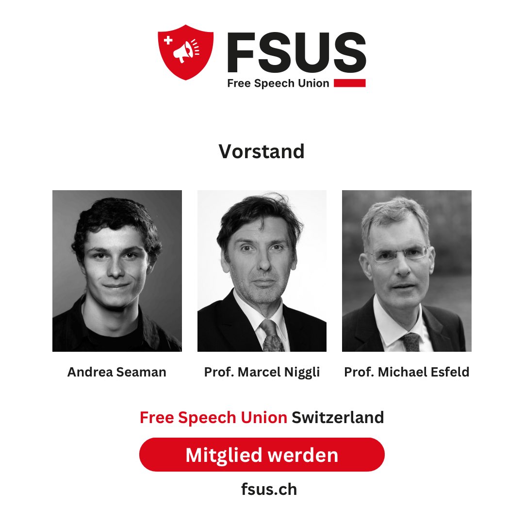 marzollinger's tweet image. Free Speech Union jetzt auch in der Schweiz.🇨🇭
Der FSUS-Vorstand mit Andrea Seaman, Prof. Dr. Niggli und Prof. Dr. Esfeld kämpft überparteilich gegen Cancel Culture. 🙅‍♂️

#FreeSpeechCH 🎤
#FSUS
2️⃣