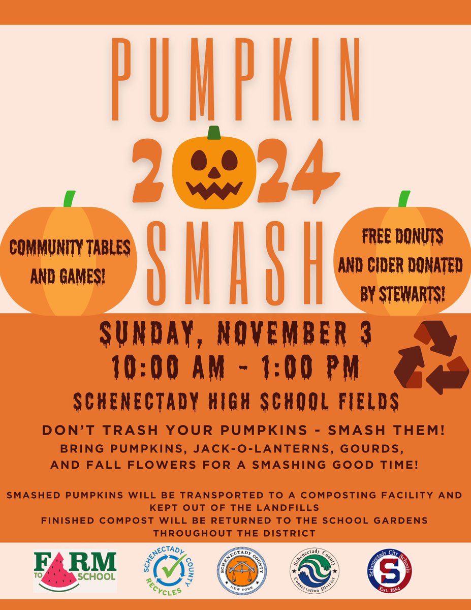 This Sunday at the highschool playing fields join us for the 3rd Annual Pumpkin Smash! Divert your gourds from landfill to feed our school gardens. Enjoy fall snacks and fun! #FarmtoSchool #Schenectadyrising