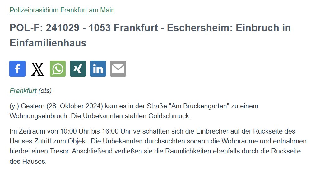 Polizei_Ffm's tweet photo. #Frankfurt
Gestern brachen Unbekannte am helllichten Tag in #Eschersheim in ein Einfamilienhaus ein und entwendeten einen Tresor.
🗞️ PM: https://t.co/s1yrm8OP0Y https://t.co/QBBNmLvYXw