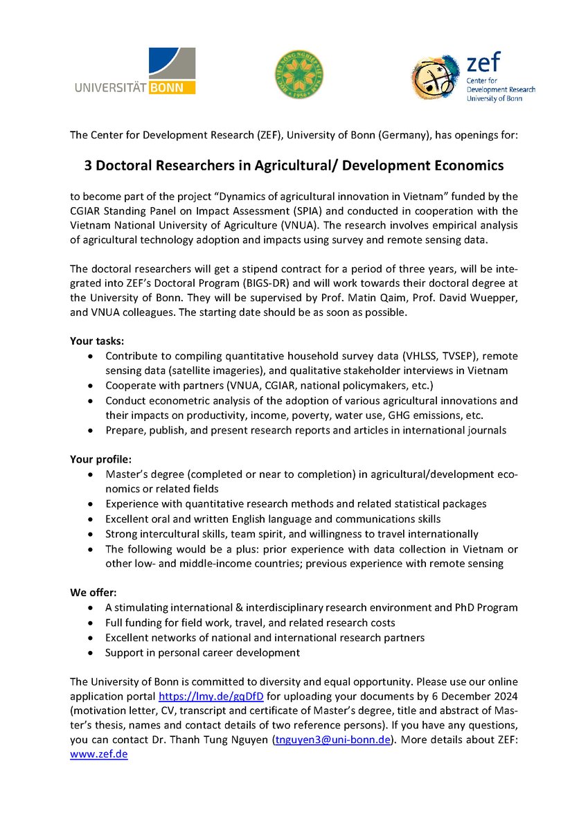We are recruiting three PhD students to work with us on a new project on agricultural innovation adoption and impacts in Vietnam. We provide full funding and exciting international opportunities. Please spread the word and apply by 6 Dec 2024. Details: zef.de/header/vacanci…