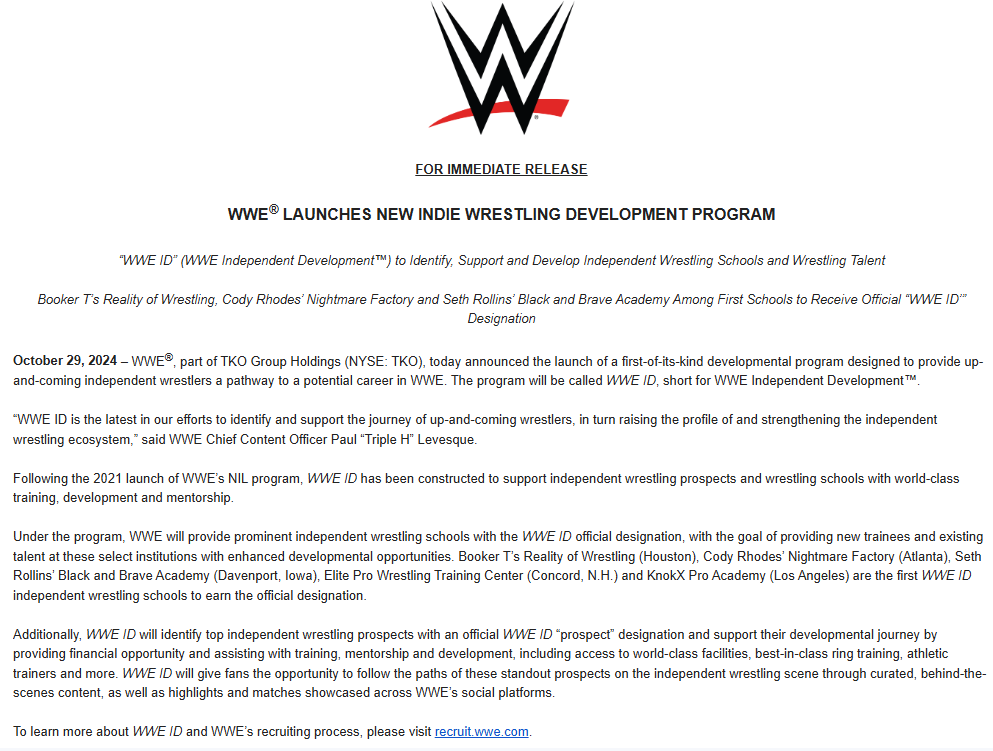 BrandonThurston's tweet photo. WWE press release: WWE launches new indie wrestling development program

Booker T's Reality of Wrestling, Cody Rhodes' Nightmare Factory, Seth Rollins' Black and Brave Academy, Elite Pro Wrestling Training Center (in Concord, NH), and KnokX Pro Academy (in Los Angeles) are the first associated.

"WWE will provide prominent independent wrestling schools with the WWE ID official designation, with the goal of providing new trainees and existing talent at these select institutions with enhanced developmental opportunities."

"Additionally, WWE ID will identify top independent wrestling prospects with an official WWE ID 'prospect' designation and support their developmental journey by providing financial opportunity and assisting with training, mentorship and development, including access to world-class facilities, best-in-class ring training, athletic trainers and more. WWE ID will give fans the opportunity to follow the paths of these standout prospects on the independent wrestling scene through curated, behind-the-scenes content, as well as highlights and matches showcased across WWE’s social platforms. "