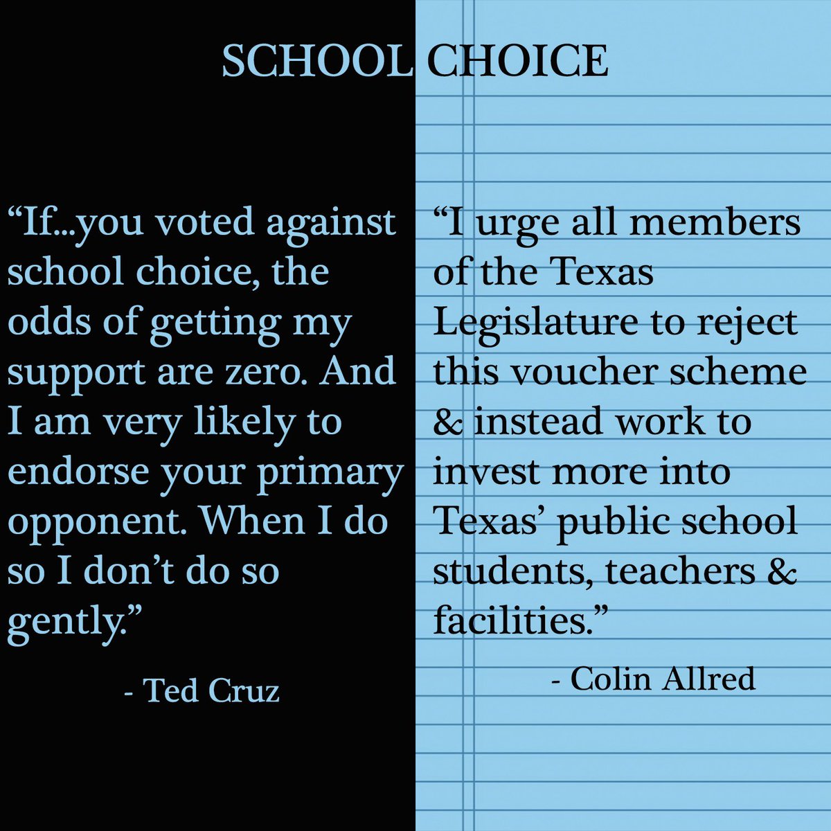 Public Education Matters. Colin Allred fights for strong, well-funded neighborhood schools, while Ted Cruz stands against investing in our students. The choice couldn’t be clearer—get out and vote like your school depends on it!