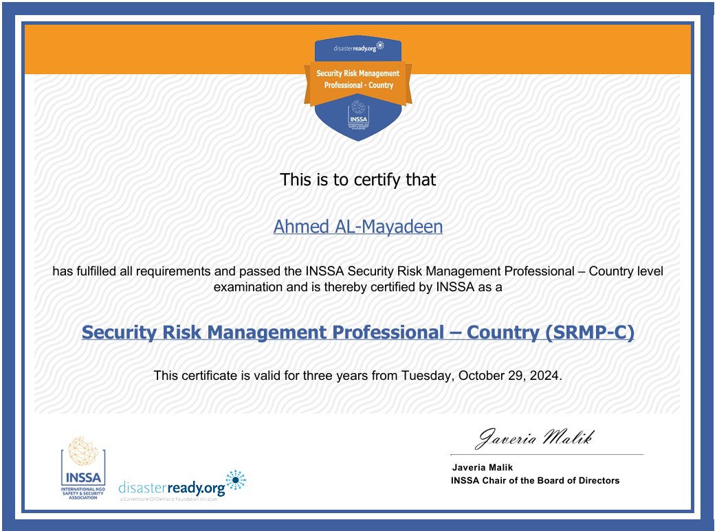 AhmedMayadeen's tweet photo. I am proud that today I have successfully accomplished the "Security Risk Management Professional – #Country #SRMP_C
I passed the Country Level Examination by #INSSA for Security Risk Management Professional
The next milestone is to achieve the #regional #SRMP_R Certification https://t.co/xSG9gPqCGp