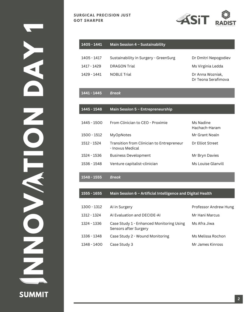 ASiT (@asitofficial) on Twitter photo More exciting content awaits in the second half of day 1 - covering #sustainability 🌱, #entrepreneurship 📈 and AI and #digital health 🦾!
<a href="/dnepo/">Dmitri Nepogodiev</a> <a href="/VirginiaLedda/">Virginia Ledda</a> <a href="/DrNadineHH/">Dr Nadine Hachach-Haram FRCS (Plast), BEM</a> <a href="/Proximie/">Proximie</a> <a href="/grantme3wishes/">Grant Nolan</a> <a href="/myopnotes/">MyOpNotes - Digital Operation Notes</a> <a href="/Inovusmedical/">Inovus Medical</a> <a href="/brynsci/">Bryn Davies</a> <a href="/AjhungMD/">Andrew J. Hung, MD</a> <a href="/hani_marcus/">Hani Marcus</a> <a href="/DecideAI_/">DecideAI</a> More exciting content awaits in the second half of day 1 - covering #sustainability 🌱, #entrepreneurship 📈 and AI and #digital health 🦾!
<a href="/dnepo/">Dmitri Nepogodiev</a> <a href="/VirginiaLedda/">Virginia Ledda</a> <a href="/DrNadineHH/">Dr Nadine Hachach-Haram FRCS (Plast), BEM</a> <a href="/Proximie/">Proximie</a> <a href="/grantme3wishes/">Grant Nolan</a> <a href="/myopnotes/">MyOpNotes - Digital Operation Notes</a> <a href="/Inovusmedical/">Inovus Medical</a> <a href="/brynsci/">Bryn Davies</a> <a href="/AjhungMD/">Andrew J. Hung, MD</a> <a href="/hani_marcus/">Hani Marcus</a> <a href="/DecideAI_/">DecideAI</a>