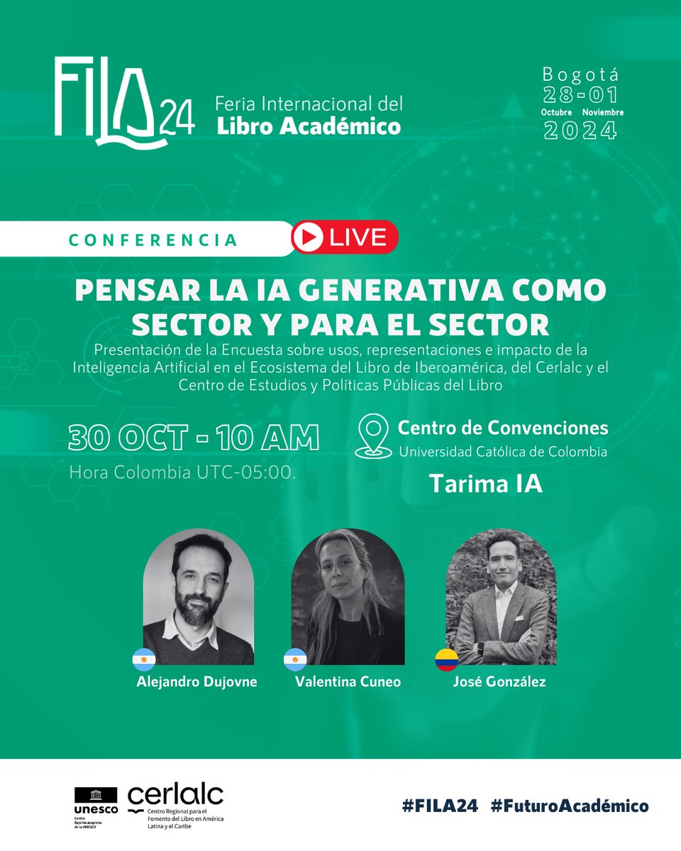 📚✨ El próximo miércoles 30 de octubre a las 10:00 a.m. (hora de Colombia), José Diego González, director técnico de Ecosistema Editorial del Cerlalc, estará presentando, junto a los investigadores Valentina Cuneo y Alejandro Dujovne, la «Encuesta sobre IA en el Ecosistema