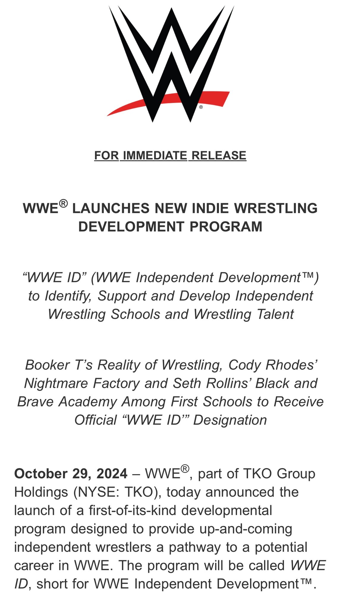 Raj Giri on X: "WWE announced the launch of a developmental program  designed to provide up-and-coming independent wrestlers a pathway to a  potential career in WWE. The program will be called WWE