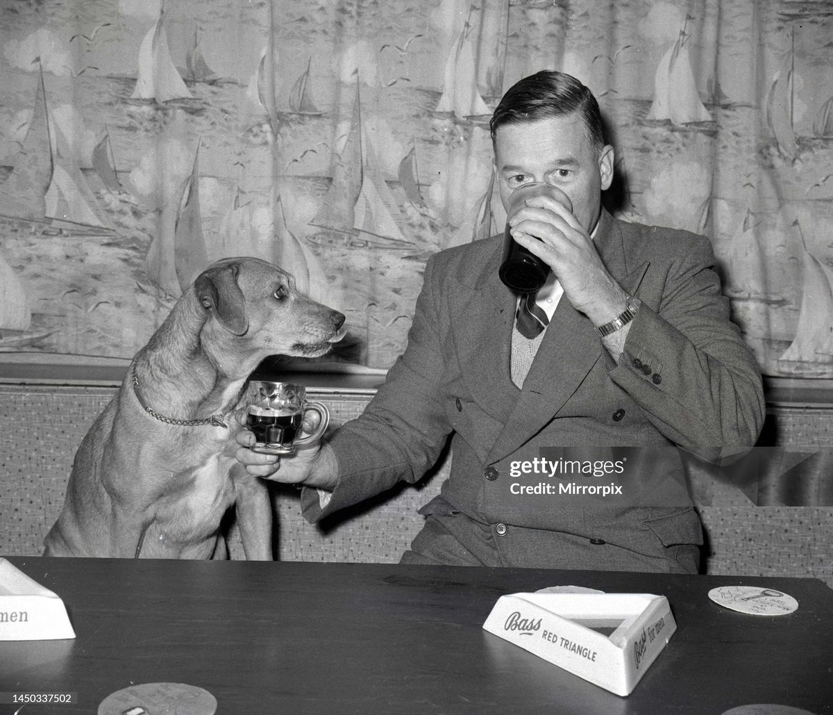 A man drinks with his dog in a pub
Nemo is served a pint of beer at his local. (1959)