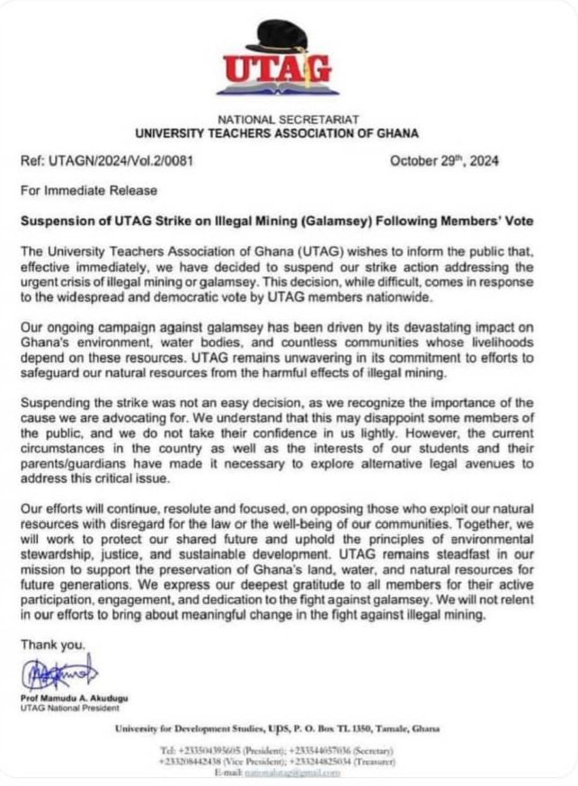 Utag suspends strike .

#akuadonkor #BalondeOro #UTAG #세븐틴_탈하이브