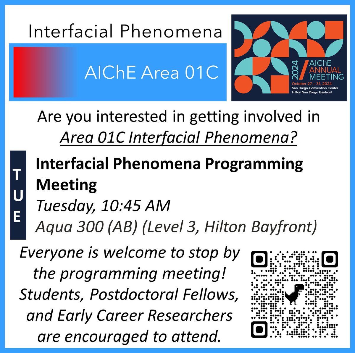 AIChEInterface's tweet image. **Reminder** to make it to the #AIChE2024 #InterfacialPhenomena Plenary TODAY at 8AM featuring Rosa M. Espinosa-Marzal, Kyle Bishop, and Lilo D. Pozzo! 

Our programming meeting, which is the best way to get involved in Area 01C, will follow immediately thereafter. #ColloidsRCool