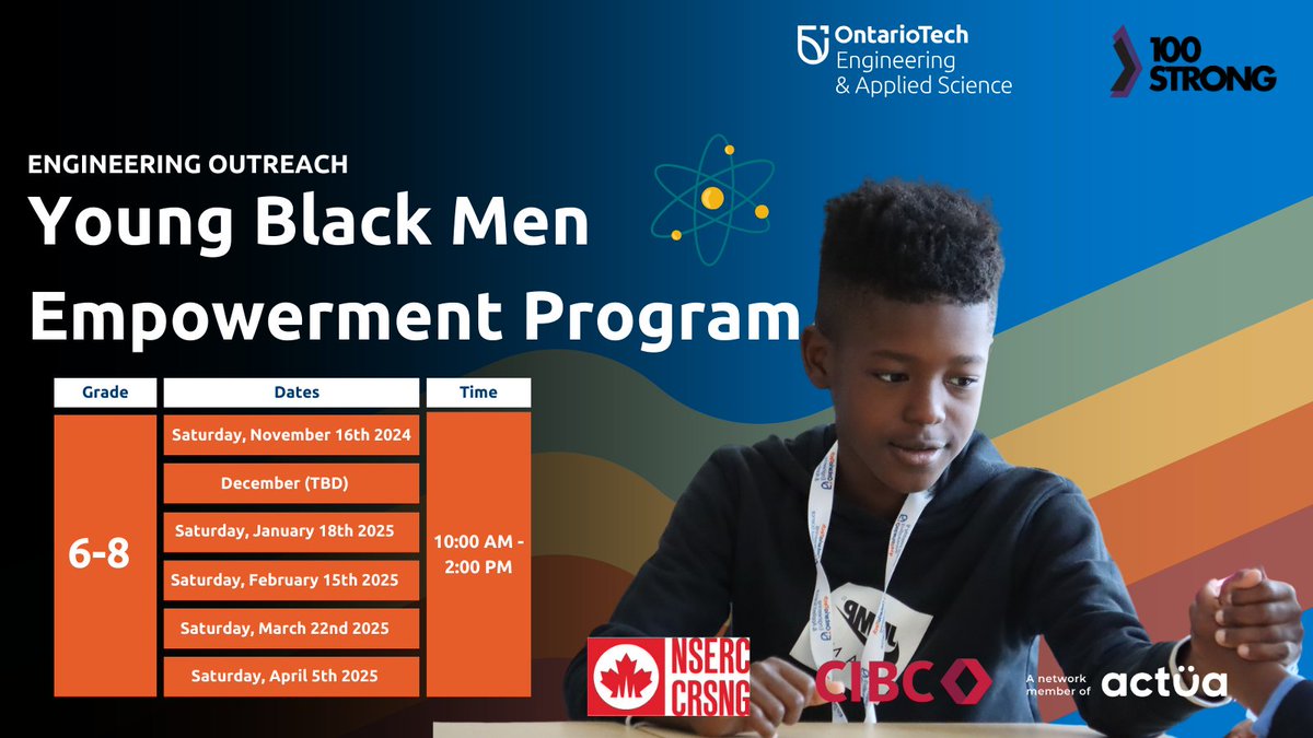 OT_Outreach's tweet photo. Join Ontario Tech & 100 Strong’s Black Men Empowerment Program! 🔬📐 Hands-on STEM, mentorship & community support. Build skills & confidence! ✊🏽✨
Register here: https://t.co/oNRtWqiRbi
#BlackMenInSTEM #DiversityInSTEM #OntarioTech https://t.co/d9scXvPmdS