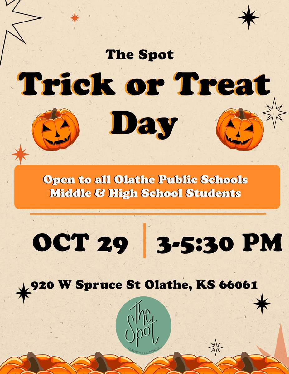 Department of Student & Community Engagement (@sce_ops) on Twitter photo The Spot is open today for our students with our annual Trick or Treat Day! All <a href="/olatheschools/">Olathe Public Schools</a> middle and high school students are welcome to join us for some candy fun!! #OPSMakeTodayCount The Spot is open today for our students with our annual Trick or Treat Day! All <a href="/olatheschools/">Olathe Public Schools</a> middle and high school students are welcome to join us for some candy fun!! #OPSMakeTodayCount