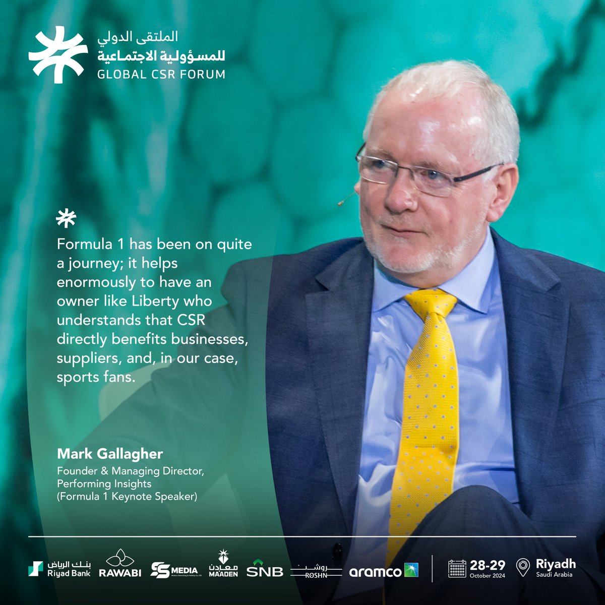 .@_markgallagher, Founder &amp; Managing Director of <a href="/P1nsights/">Performance Insights</a>, hailed the journey that Formula 1 has taken on the road to social responsibility and its impact on sports fans worldwide.
#GlobalCSRForum